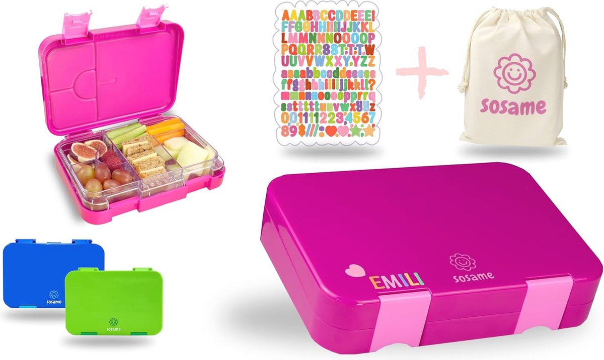 Goedkoopste Kinderen Broodtrommel met 6 Vakken - Lekvrije Lunchbox voor School - Bento Box met Canvas en Katoenen Trekkoord - Snijpkast met Letterstickers (Paars