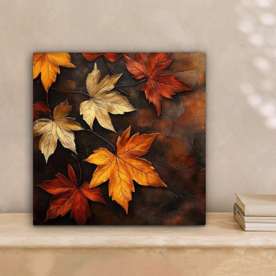 Peinture sur toile 20x20 cm - Décoration murale Feuilles d'automne - Marron - Feuilles Oranje - Rouge automne - Décoration murale murale salon - Décoration chambre - Accessoires de chambre - Peintures