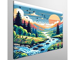 Pixel art landschap schilderij | Digitale speelsheid: Een pixelig landschap geschapen uit kleurrijke blokken | Kunst - 100x100 centimeter op Canvas | Foto op Canvas