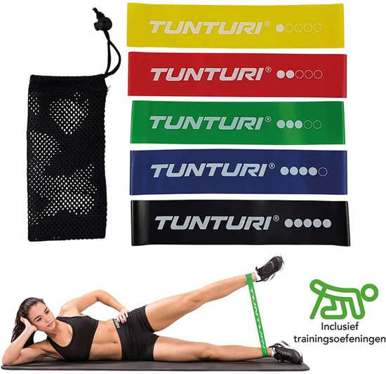 Foto: Tunturi weerstandsbanden set fitness resistance band fitness elastiek 5 weerstanden incl draagtas trainingsapp