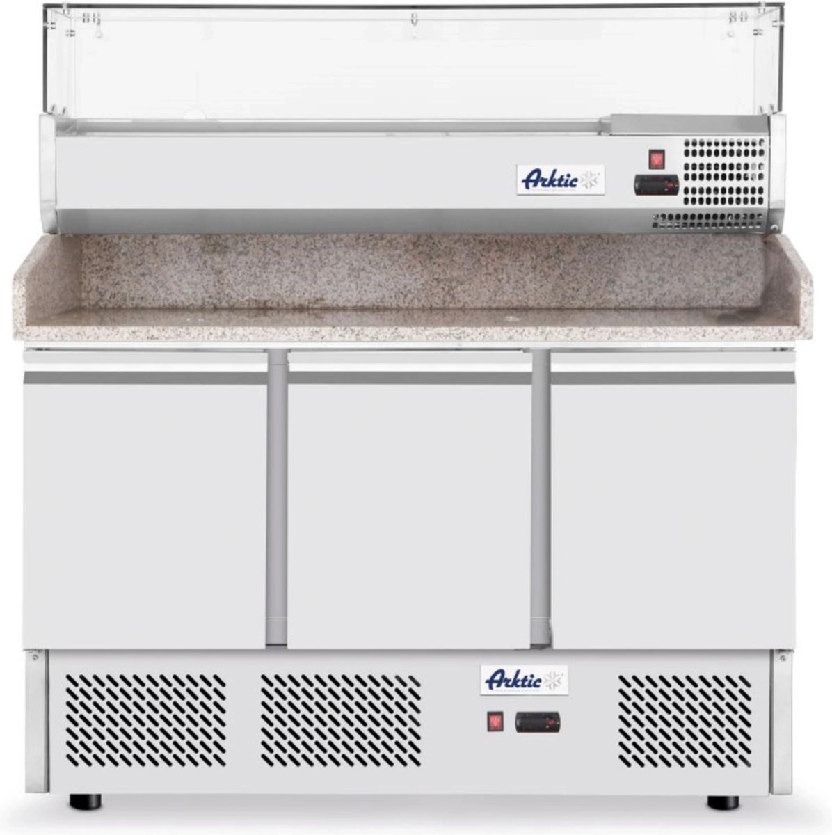 Arktic Pizzawerkbank + Opzetkoelvitrine - KitchenLine - 380L - 3 Deuren 1/1 GN - Boven 6x 1/6 GN - -2°C/+8°C - Geforceerd - 1365x700x880/1285mm - Horeca Oven