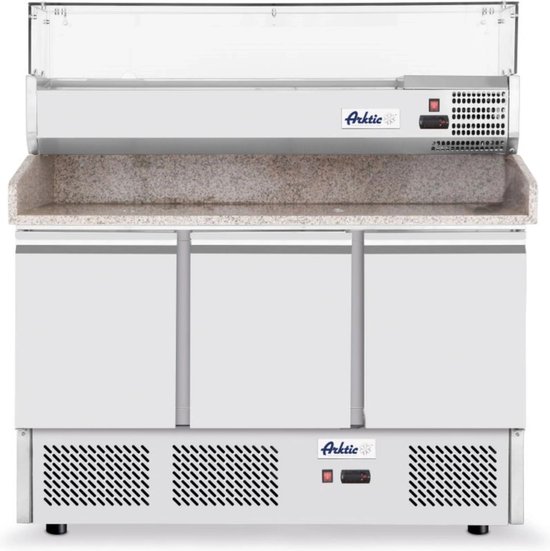 Arktic Pizzawerkbank + Opzetkoelvitrine - KitchenLine - 380L - 3 Deuren 1/1 GN - Boven 6x 1/6 GN - -2°C/+8°C - Geforceerd - 1365x700x880/1285mm - Horeca Oven