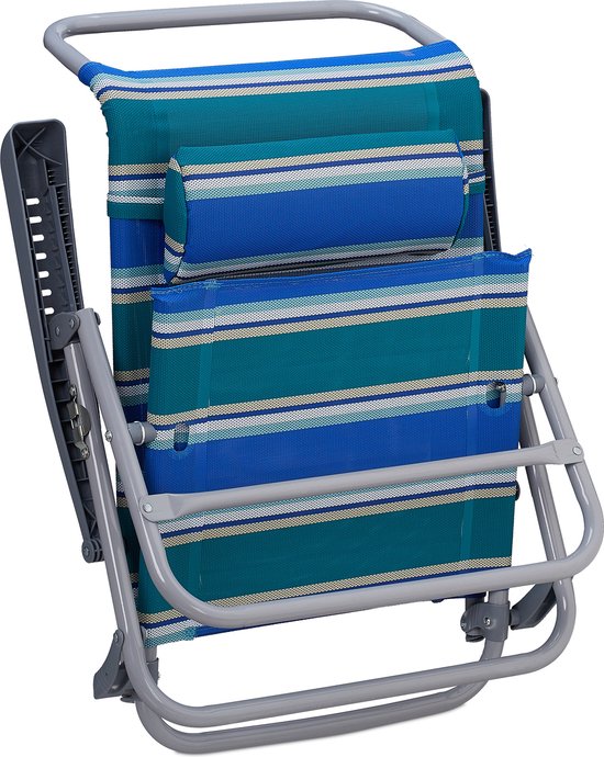 Relaxdays strandstoel opvouwbaar - verstelbaar - laag - met nekkussen - armleuningen - flesopener - blauw-groen-wit van Relaxdays — afbeelding 4