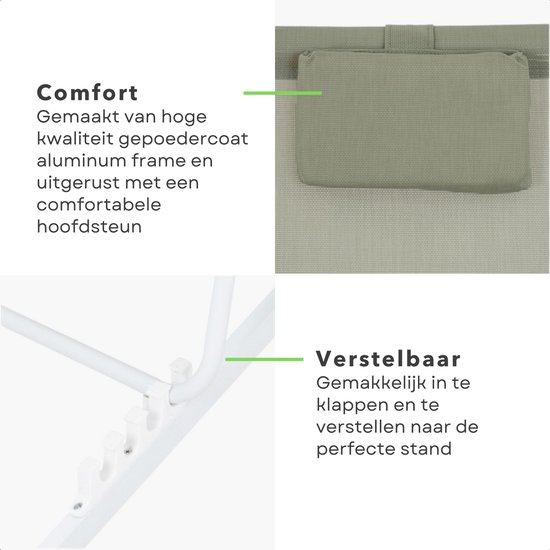 Cheqo® Ligstoel - Opvouwbare Tuinstoel - Strandstoel Opvouwbaar - Campingstoel - Wit Aluminium Frame - Groen Doek - Inklapbaar - Verstelbaar - 101x61x91cm - Gewicht 3.8kg van Cheqo — afbeelding 2