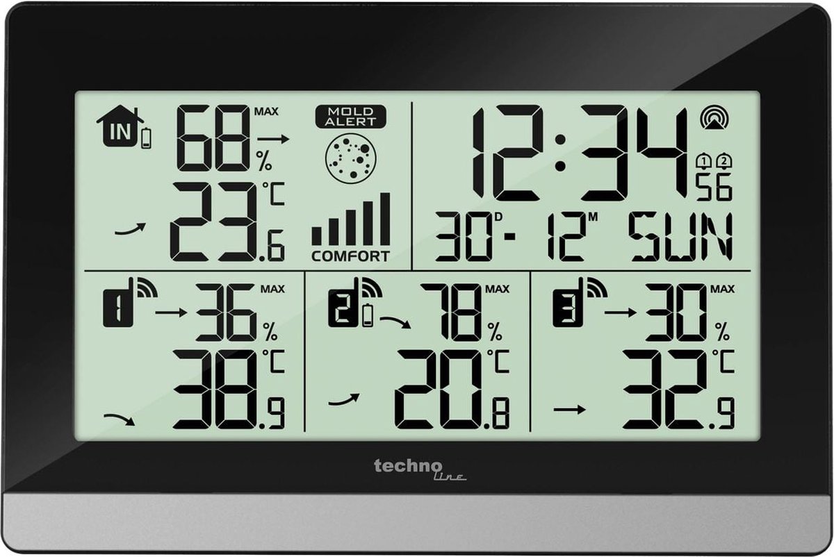 Weerstation Technoline WS 7065 144x96x38mm zwart/zilver met 3 buitensensors 30m