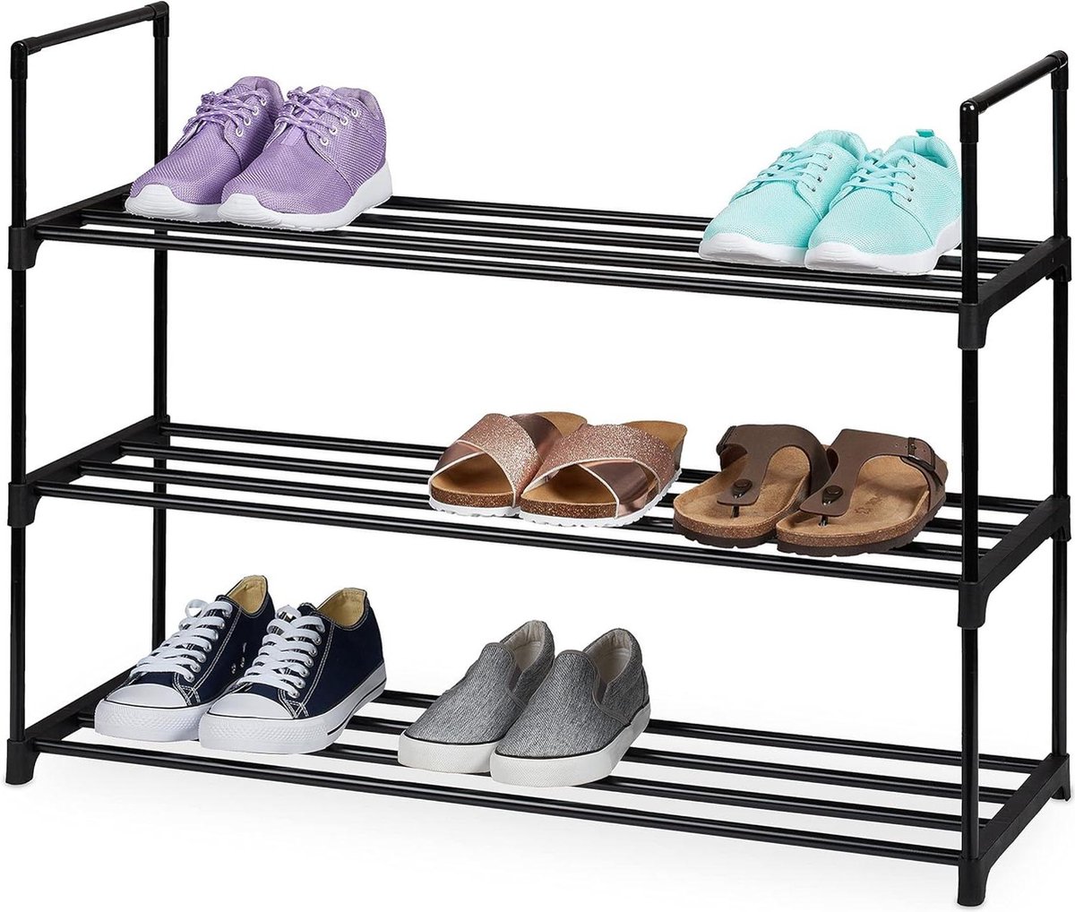 Schoenenrek metaal 3 etages voor 12 paar schoenen - Opbergrek HBD: 67 x 90.5 x 30.5 cm - Zwart
