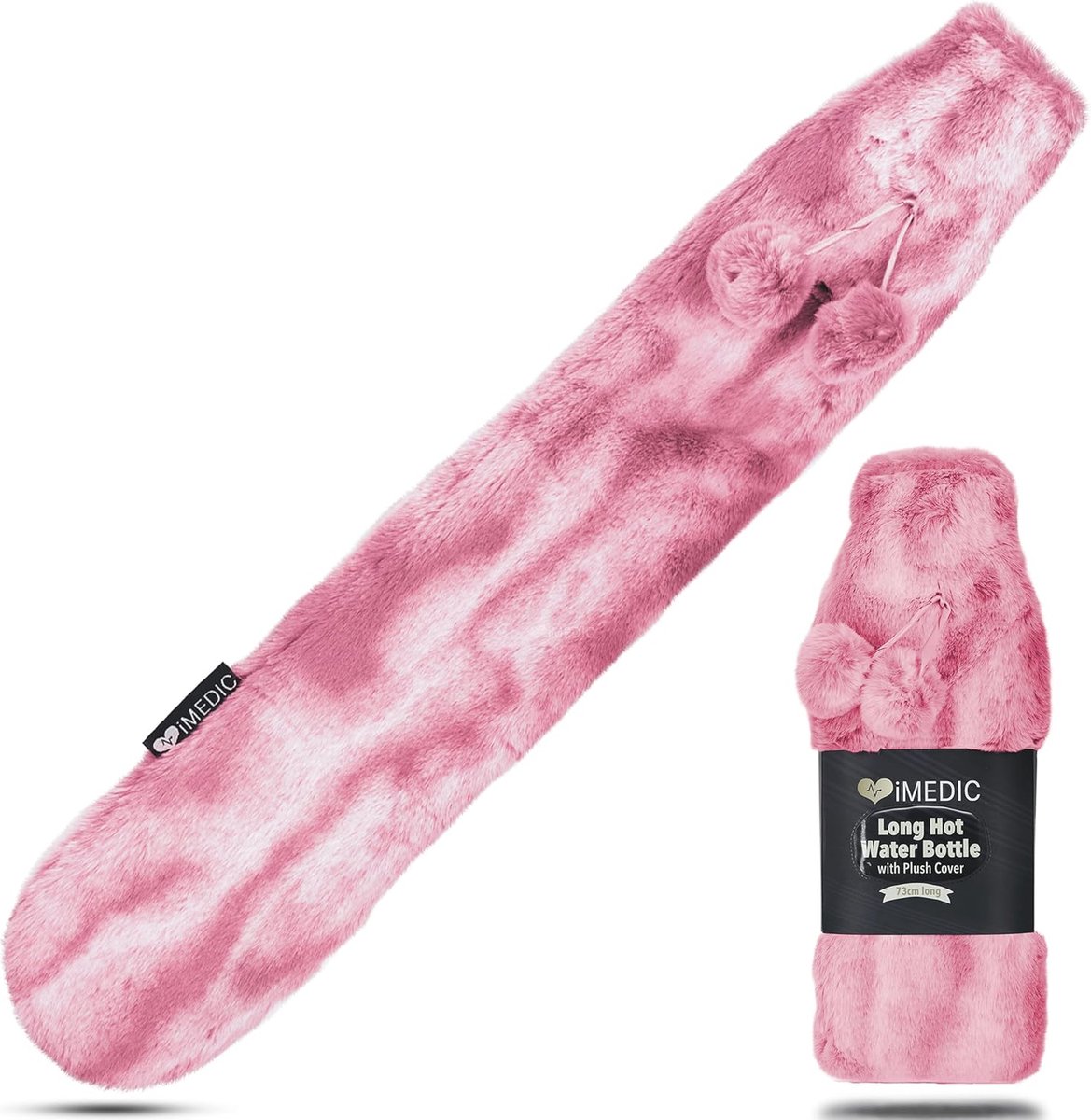 Extra lange warmwaterkruik met luxe fleece overtrek voor nek en schouders - Roze