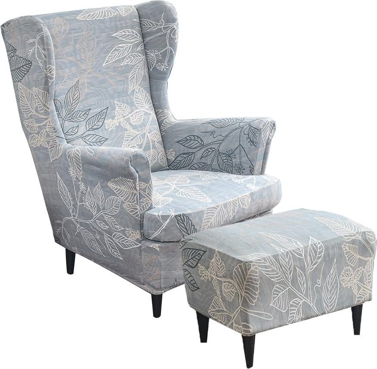 2-delige Vleugelstoelhoes met Ottomaanse hoes - Wasbare hoes voor fauteuil stoel - Slaapkamer of hotel - Eenvoudige bladeren