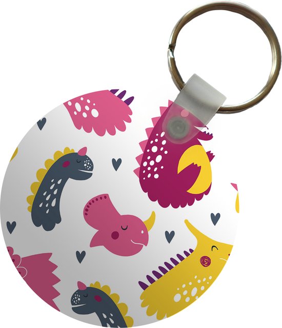 Porte-clés - Dino - Motifs - Enfant - Rose - Filles - Plastique - Rond - Cadeaux à distribuer