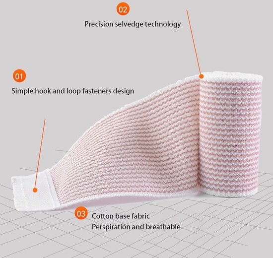 Beige en witte elastische bandage, met tekst: 'Simple hook and loop fasteners design', 'Precision selvedge technology', 'Cotton base fabric Perspiration and breathable'.