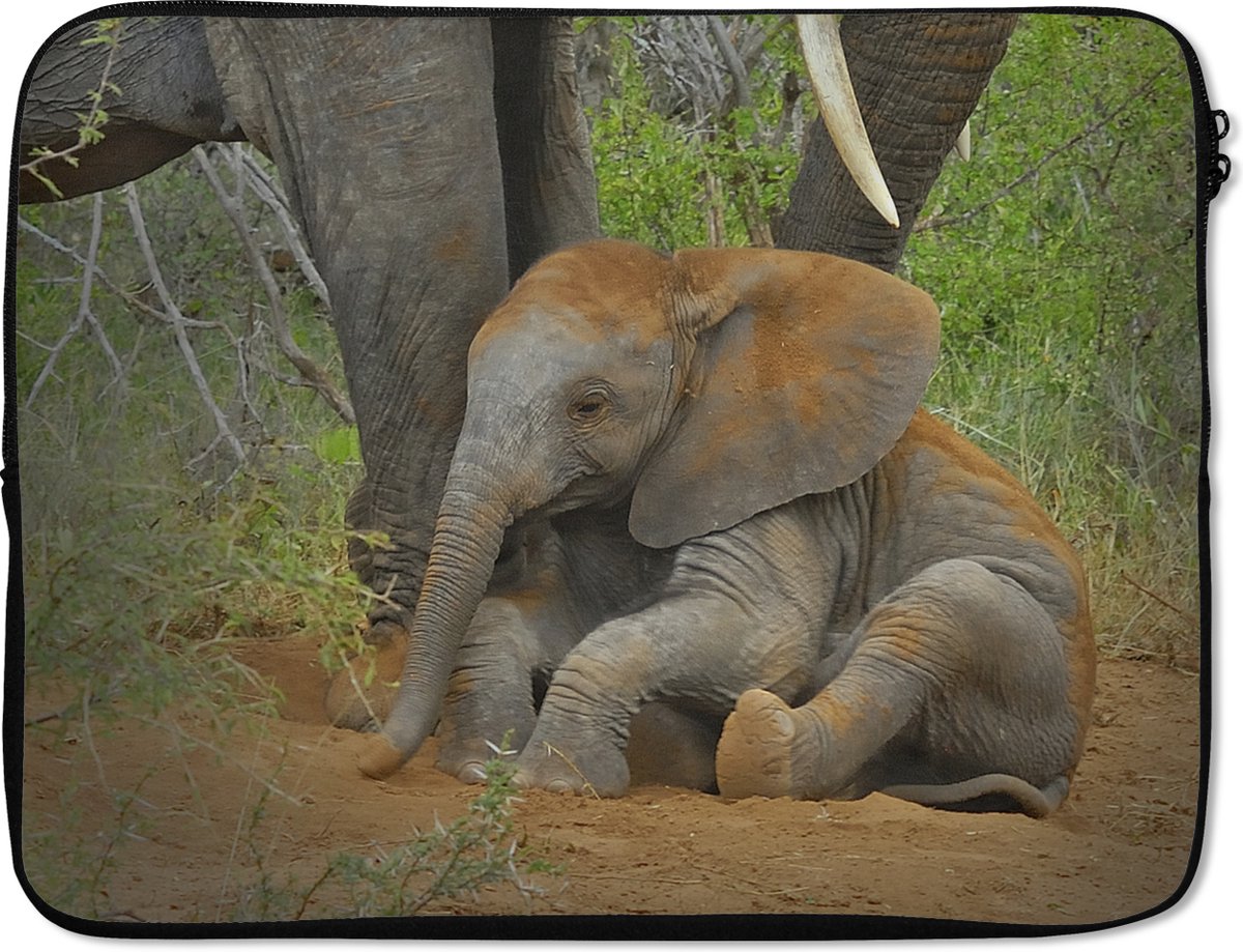 Laptophoes 15.6 inch - Olifant - Dieren - Zand - Natuur - Laptop sleeve - Binnenmaat 37x26 cm - Zwarte achterkant
