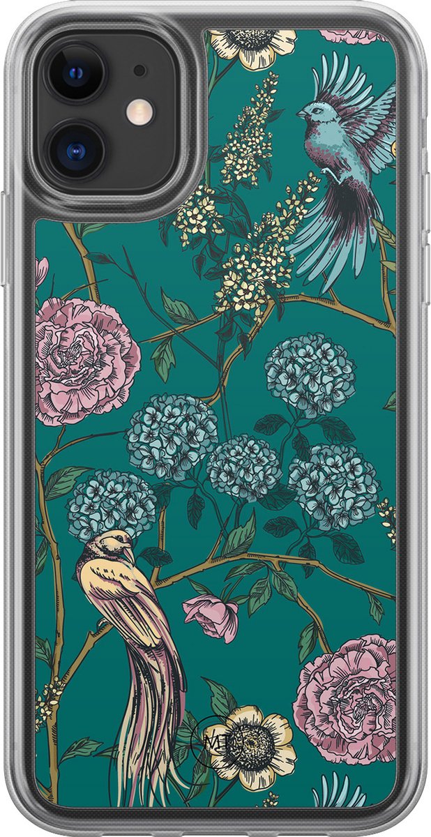 Hybride hoesje geschikt voor iPhone 11 - Vogels Japanse bloemen - Extra bescherming - Luxe beschermhoes - TPU case - Transparant, Grijs, Groen - Mooie Telefoonhoesjes