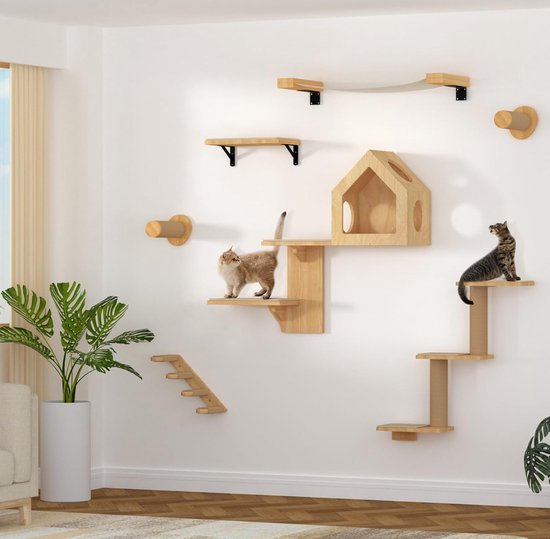 FUKUMARU Klimwand voor katten, 5-delige wandplankenset van berken-multi