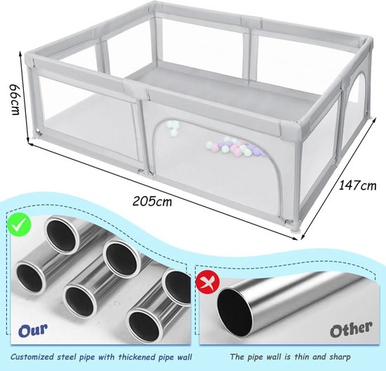 LIFEZEAL Boxbox voor kinderen en pasgeborenen 0-3 jaar, groot 206 x 147 cm, met matras, tas, handgrepen, ballen, beschermrand, deuren met ritssluiting, speelplaats, activiteitencentrum, grijs