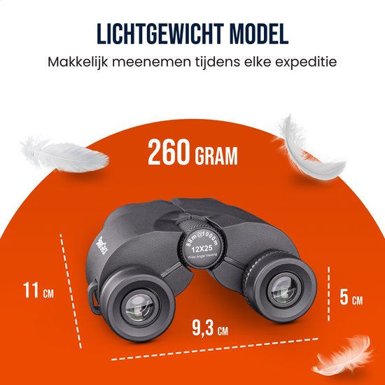 Zwarte BeerGear 12x25 verrekijker met afmetingen en gewicht (260 gram).