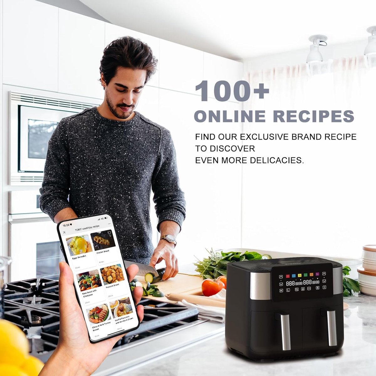 Afbeelding 2 van Equivera Dubbele Airfryer - Dubbele Mand - Dual Cook - Heteluchtfriteuse - Verschillende Programma's - Dual Zone - Mega