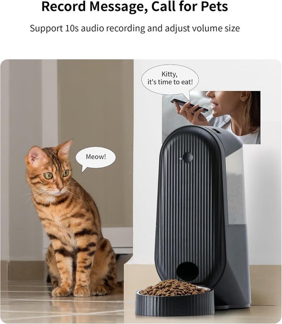 HoneyGuaridan Voederautomaat kat 2 bakken, voer voor 2 katten gelijkmatig verdelen, 3,5 l automatische voederdispenser voor katten en honden, roestvrijstalen kom, spraakopname, 1-6 maaltijden/dag