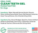 Ingrediëntenlijst voor TropiClean Fresh Breath Clean Teeth Gel met pindakaas smaak, met vermelding dat 97,82% van de ingrediënten natuurlijk is afgeleid en 'Made in USA' en 'Cruelty free'.