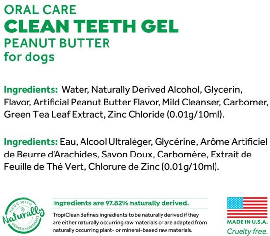 Ingrediëntenlijst voor TropiClean Fresh Breath Clean Teeth Gel met pindakaas smaak, met vermelding dat 97,82% van de ingrediënten natuurlijk is afgeleid en 'Made in USA' en 'Cruelty free'.