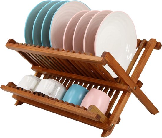 Bamboe houten opvouwbare afdruiprek, Dual Tier Dish Bowl Plate