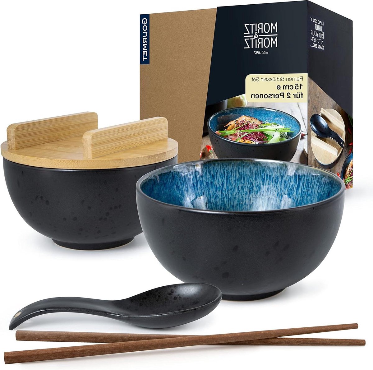 Ramen Bowl Keramiek 2x SOLID 600 ml 15 cm Ø Zwart Blauw Voor Soep Pho en Sushi Set voor 2 Personen Incl. Stokjes Deksel Lepel