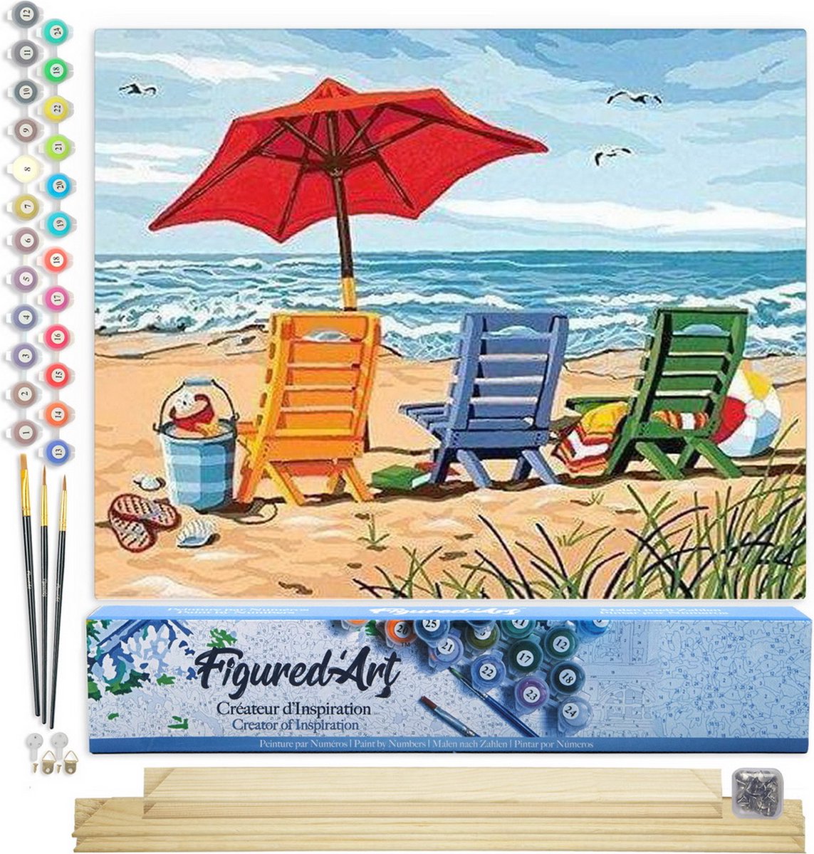 Figured'Art Schilderen op Nummer Volwassenen canvas Strandstoelen - Handwerk acrylverf Kit DIY Compleet - 40x50cm met DIY houten lijst
