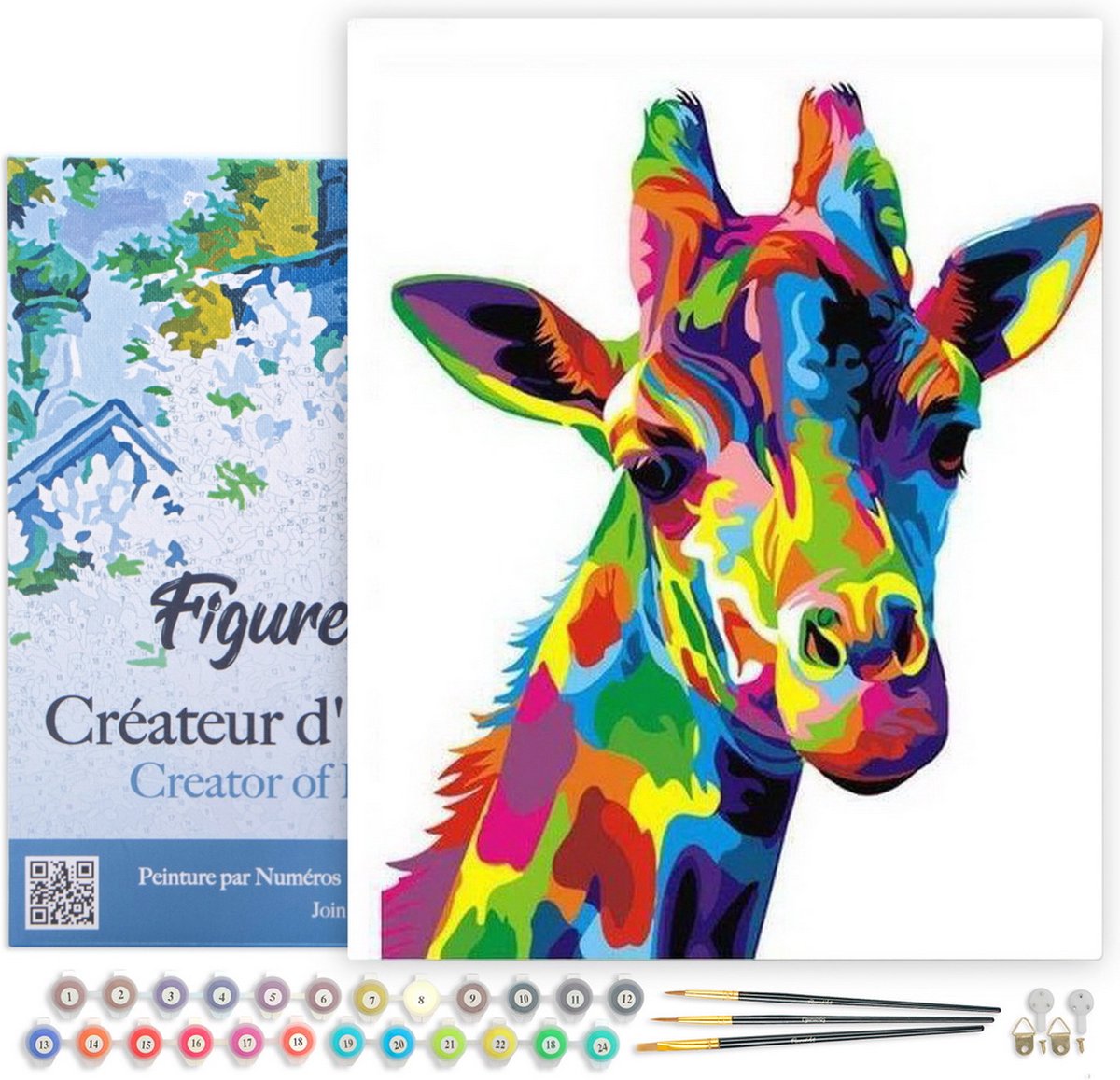 Figured'Art Schilderen op Nummer Volwassenen met lijst - Giraffe Pop-art - Handwerk acrylverf Kit DIY Compleet - 40x50cm Canvas al ingelijst