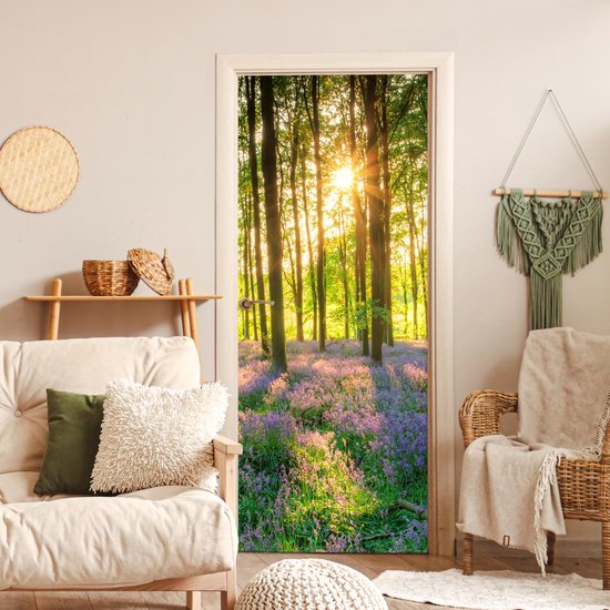 Poster de porte - Fleurs - Forêt - Printemps - Vert - Sticker de porte - Porte Papier peint photo - Décoration de porte - Autocollant autocollant - Chambre - 80x205 cm - Salon - Toilettes - Salle de bain