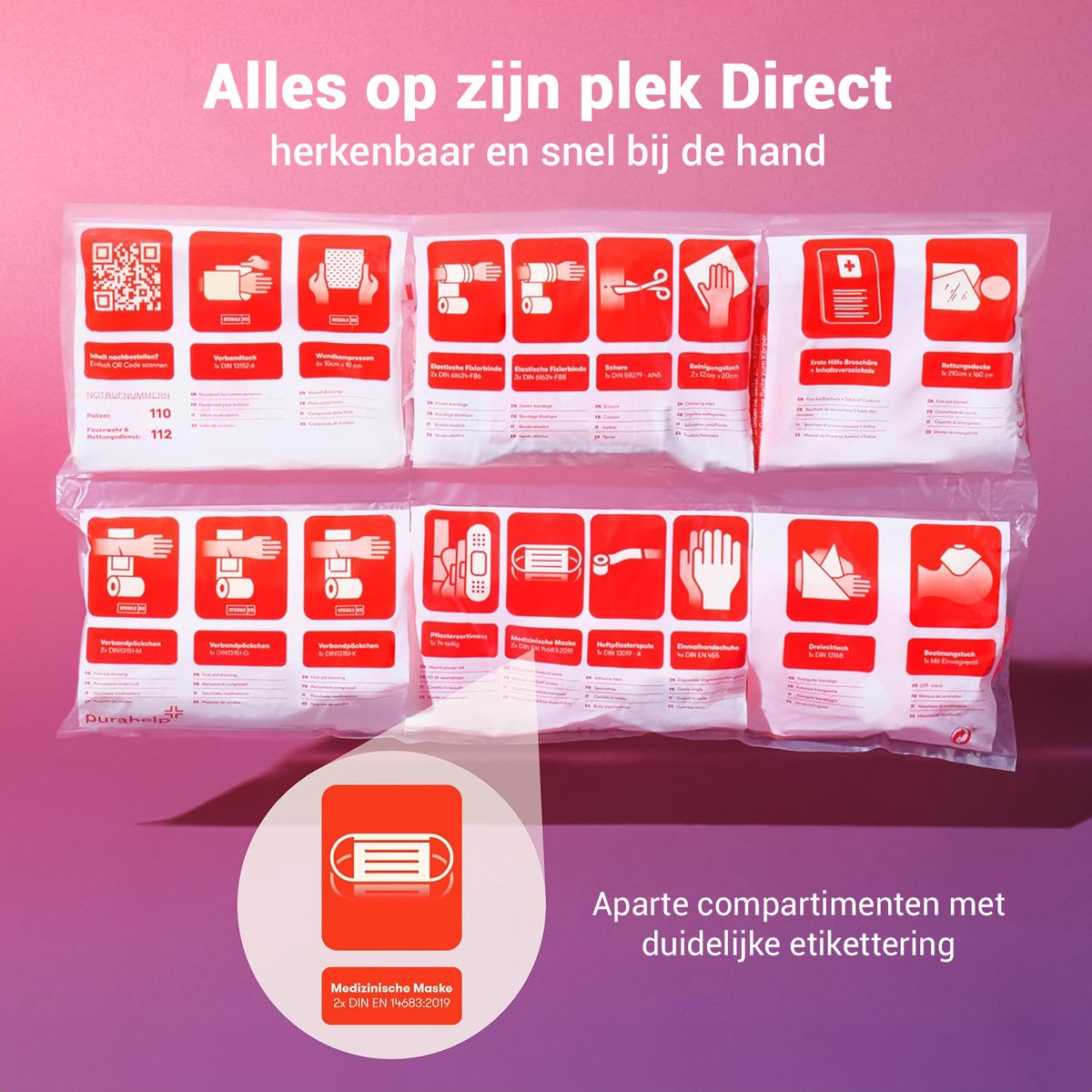 PURAHELP autocombinatietas volgens de huidige norm 2025 DIN 13164 - inclusief gevarendriehoek, veiligheidsvesten / signalisatievest voor volwassenen - EHBO-kofferset met gevarendriehoekset EHBO-kofferset auto 2025 – foto 7