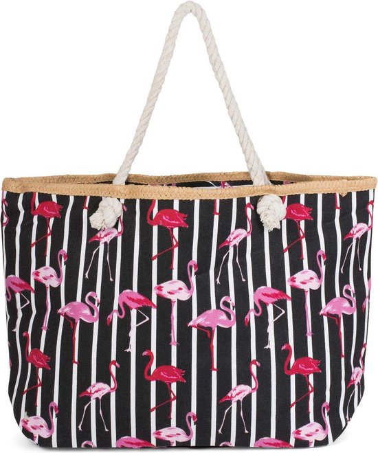 Sac de plage XXL avec imprimé flamant rose - noir et blanc avec fermeture éclair - sac à bandoulière shopper sac de plage pour femme avec fermeture éclair xl