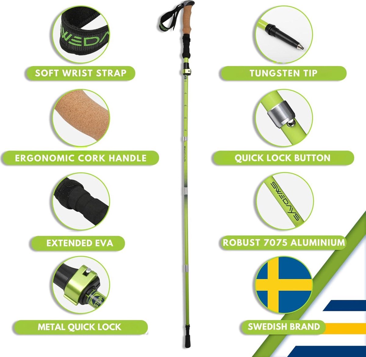 SWEDAYS® Wandelstokken Opvouwbare Nordic Walking Stokken voor Dames en Heren Trekkingstokken Aluminium met Kurkgreep, Lichtgewicht, Verstelbaar van 115-135 cm