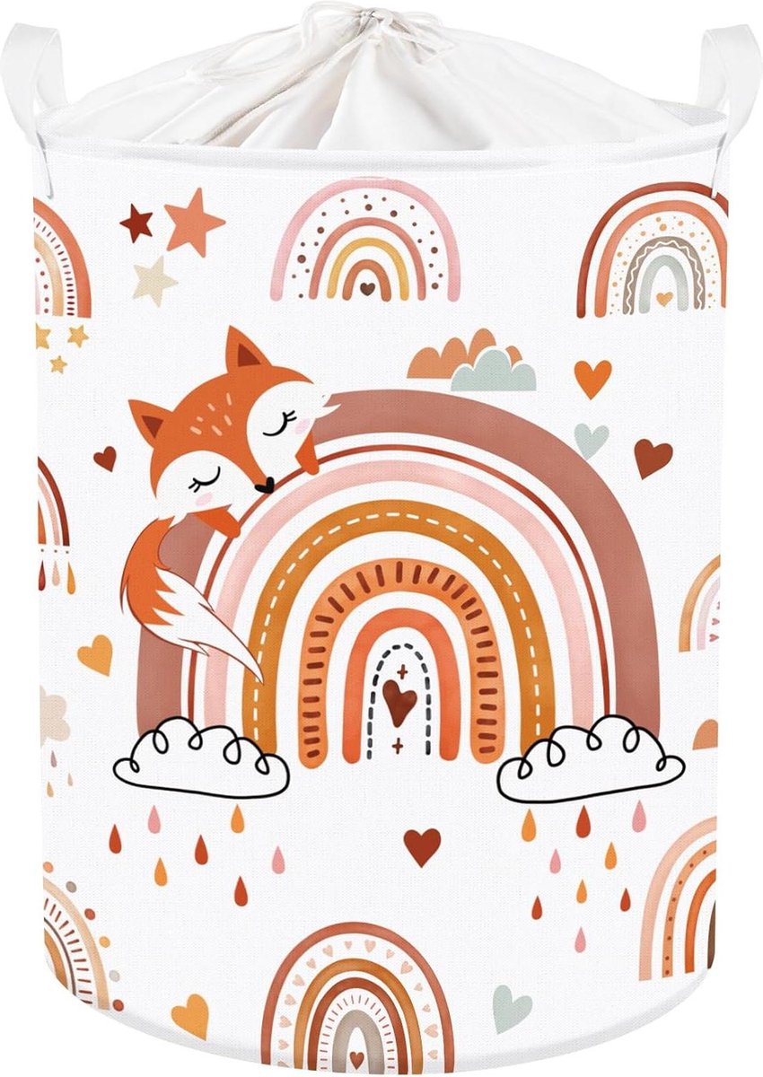 Goedkoopste Lieflijke Slapende Vos Wasmand voor Kinderen - Boho Regenboog Rond Wit - Opbergmand voor Kinderkamer - 36 x 45 cm