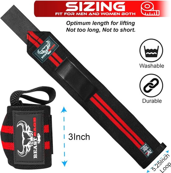 Zwarte polsbanden met rode strepen, 3 inch breed, 5.25 inch lus. Wasbaar en duurzaam.