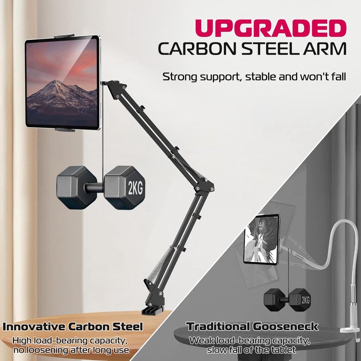 Support Tablette Pour Lit Réglable - Bras Acier 360° | Pour IPad, Smartphone, Kindle Jusqu'à 7"