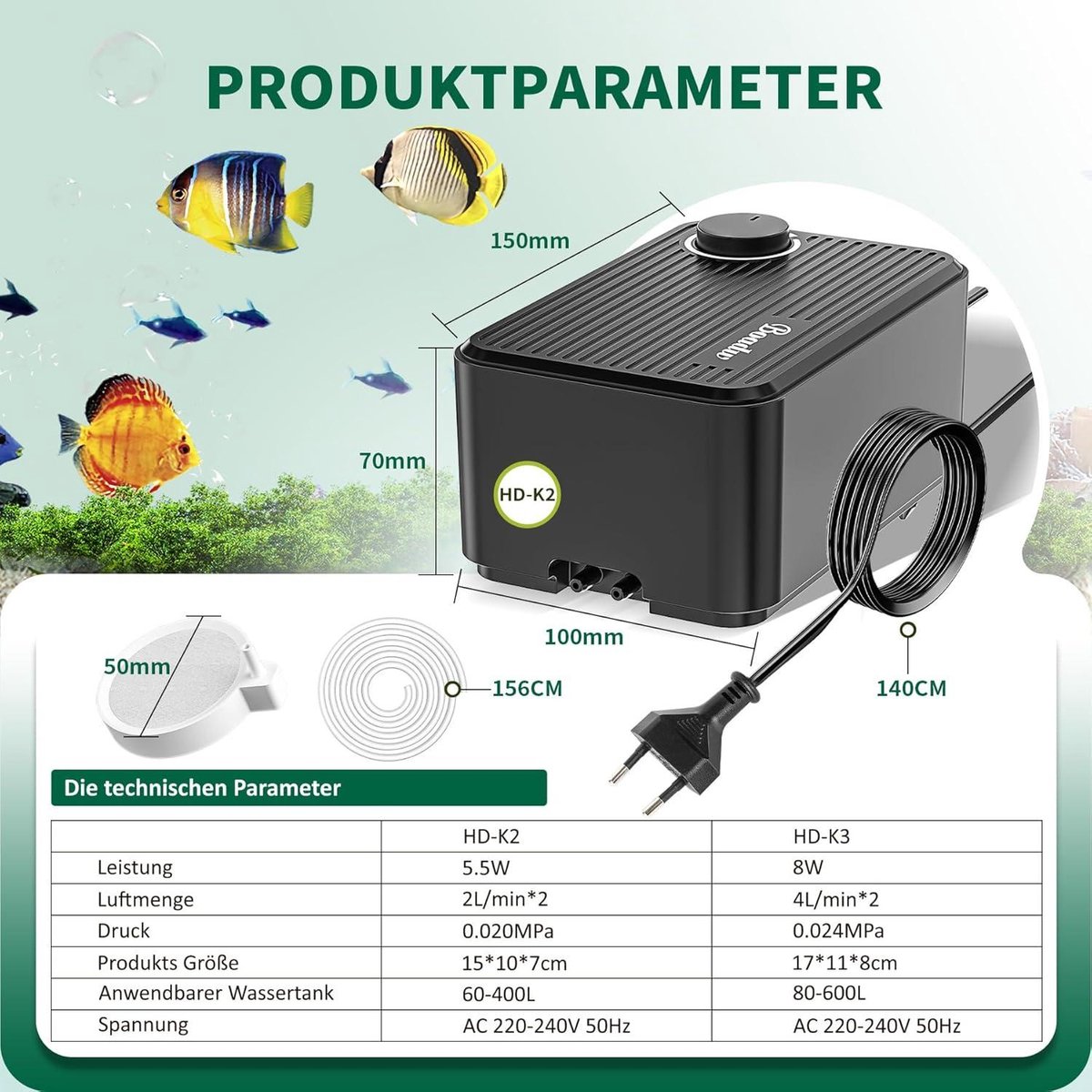 Stille Aquariumluchtpomp 4W – 420 L/u, Instelbaar, Geschikt Voor Zoet- En Zeewater Tot 400 Liter