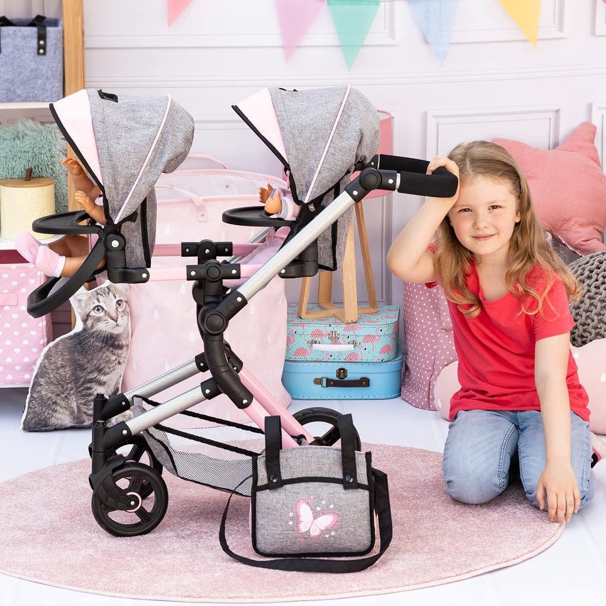 Twin Neo Tweeling poppenwagen verstelbare- zwenkbaar duwstang met tas roze grijs - Voor poppenmoeders Duo kinderwagen — afbeelding 7