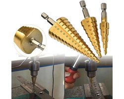 HSS Stappenboor Bit Set Van 3 I Trappenboor I Titanium Coating I 4-12 mm / 4-20 mm / 4-32mm I Voor Hout & Metaal I Incl. Opbergtas