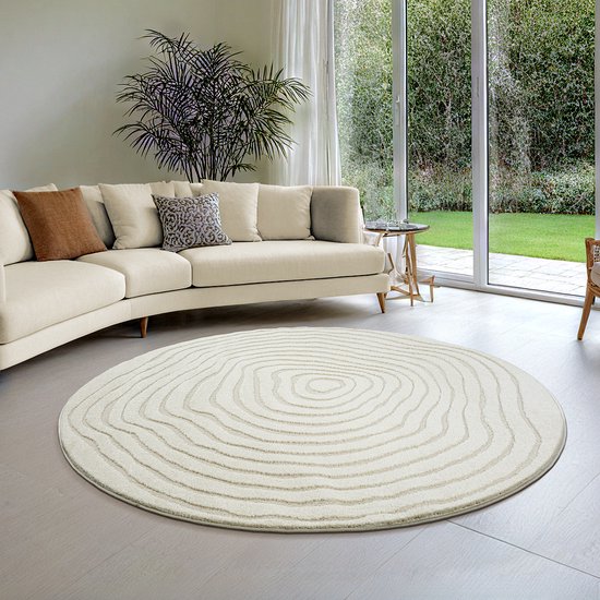 le tapis Everest - tapis moderne pour le salon avec effet de grande profondeur, effet 3D, haute densité de poils et agréablement doux, design Panglao, Crème, 200 cm rond