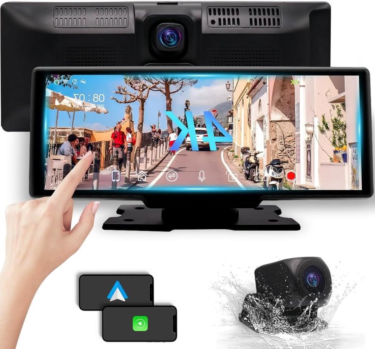 CarPlay & Android Auto draagbare autoradio met Bluetooth - 4K dashcam - HD touchscreen - 10,26 inch - autorecorder - 1080p reversing camera - videoherhaling