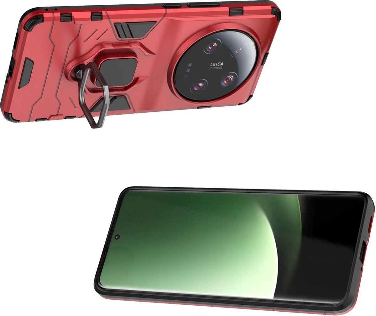 Mobigear Hoesje geschikt voor Xiaomi 13 Ultra Telefoonhoesje Hardcase | Mobigear Armor Ring Backcover Shockproof met Ringhouder | Schokbestendig 13 Ultra Telefoonhoesje | Anti Shock Proof - Rood