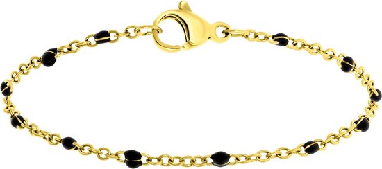 Gouden armband met zwarte kraaltjes en schakels, met gouden karabijnsluiting.