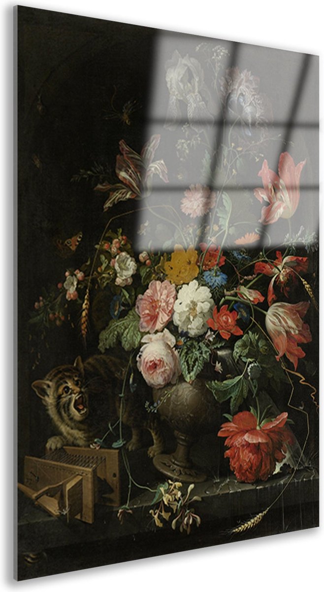 Bloemstilleven met kat en muizenval - Abraham Mignon schilderij op glas - Kat muurdecorati