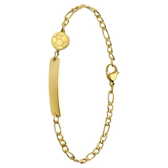 Gouden armband met figaro schakels, een gladde graveerbare plaat en een voetbalbedel.