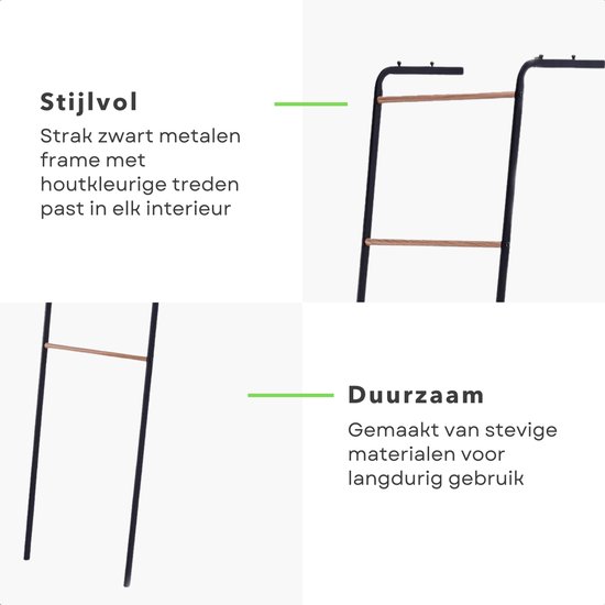 Cheqo® Porte-serviettes sur pied - Échelle décorative - Échelle à serviettes - Support mural - Porte-vêtements - Autonome - Métal Zwart et bois - 160 cm - Porte-échelle de salle de bain