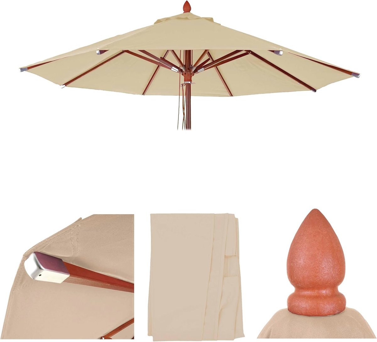 Crèmekleurige vervangende hoes voor houten parasol Ø3m van polyester, geschikt voor horecagebruik.