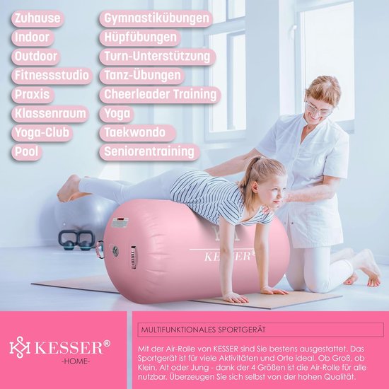 Opblaasbare Gymnastiekrol 100 x 60 cm - Inclusief Elektrische Luchtpomp en Draagtas - Tumbling, Yoga en Fitness Rol - Roze — afbeelding 3