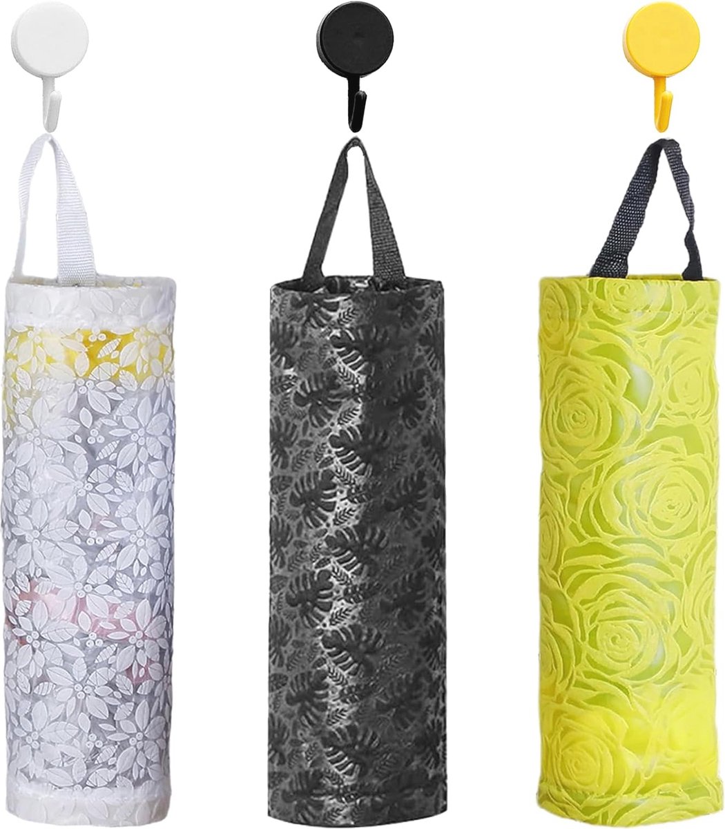 3 stuks kunststof opbergzakken voor keukenorganisatie - Hangende vuilniszakhouders met delicate bloemen (wit, geel, zwart)