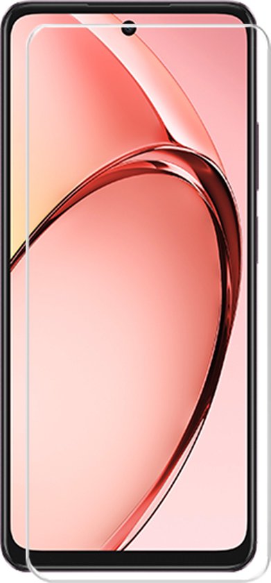 Gehard glazen screenprotector op een telefoon met rode abstracte achtergrond.
