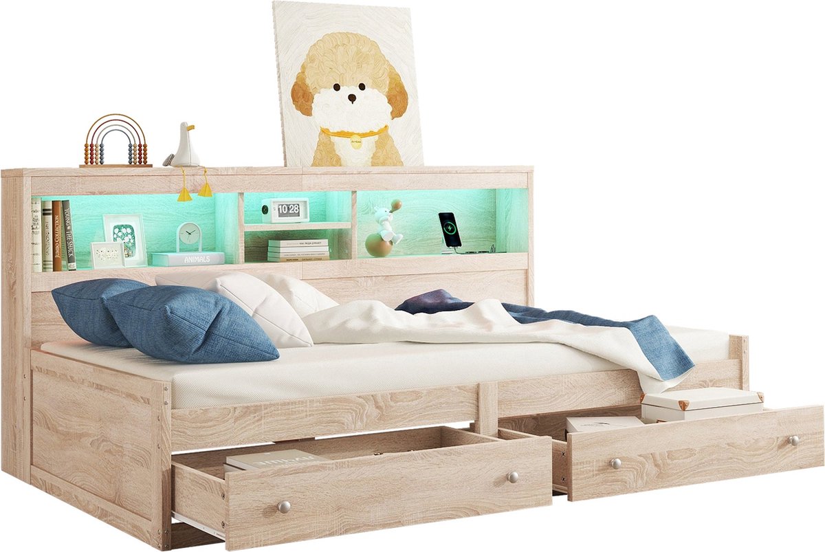 Merax Eenpersoonsbed 90x200 cm met Handige Opbergruimte en 2 Lades - Bed voor Kinderen met LED-Verlichting en USB Aansluitingen - Naturel Hout Bruin