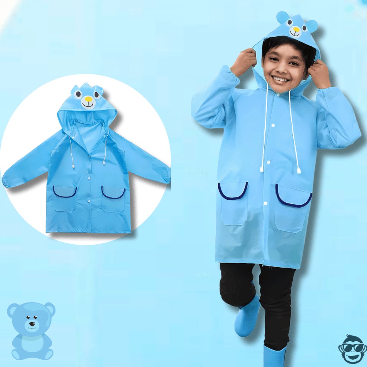 Regenjas / Poncho Schattige Blije Beer voor kinderen 2-6 jaar (maat 120) -BoefieBoef -Polyester - regenponcho – regenpak – jas – regen – knutseljas – verkleedkleding – dier – blauw – Kerst Cadeau - kind - peuter - kleuter - carnaval